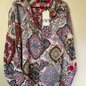 Zara Red and Blue Graphic Blouse with Mandarin Collar